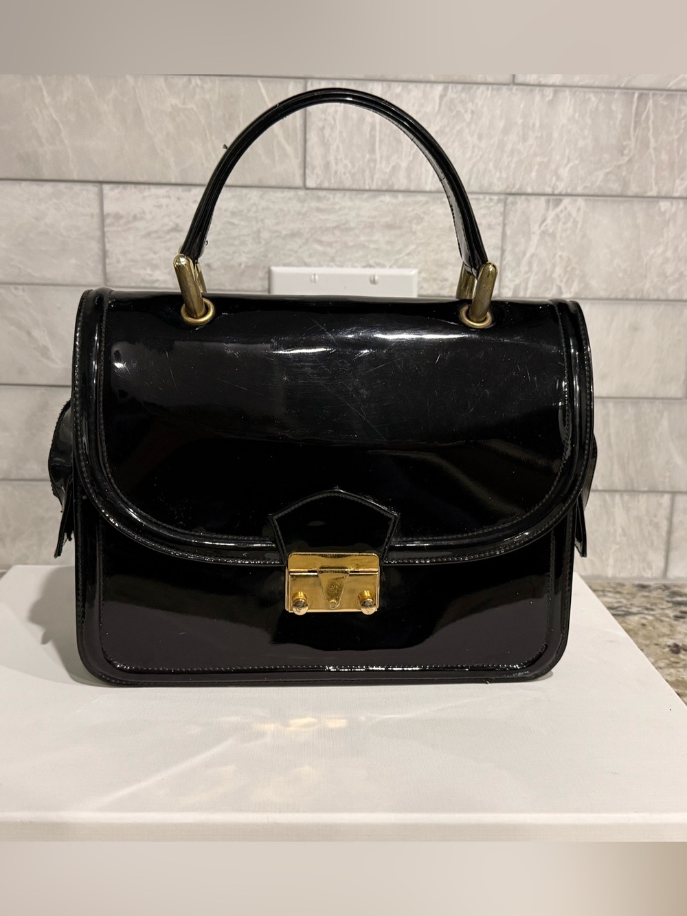 Vintage Meyers Black Patent Top-Handle Satchel Handbag Purse with Gold Hardware